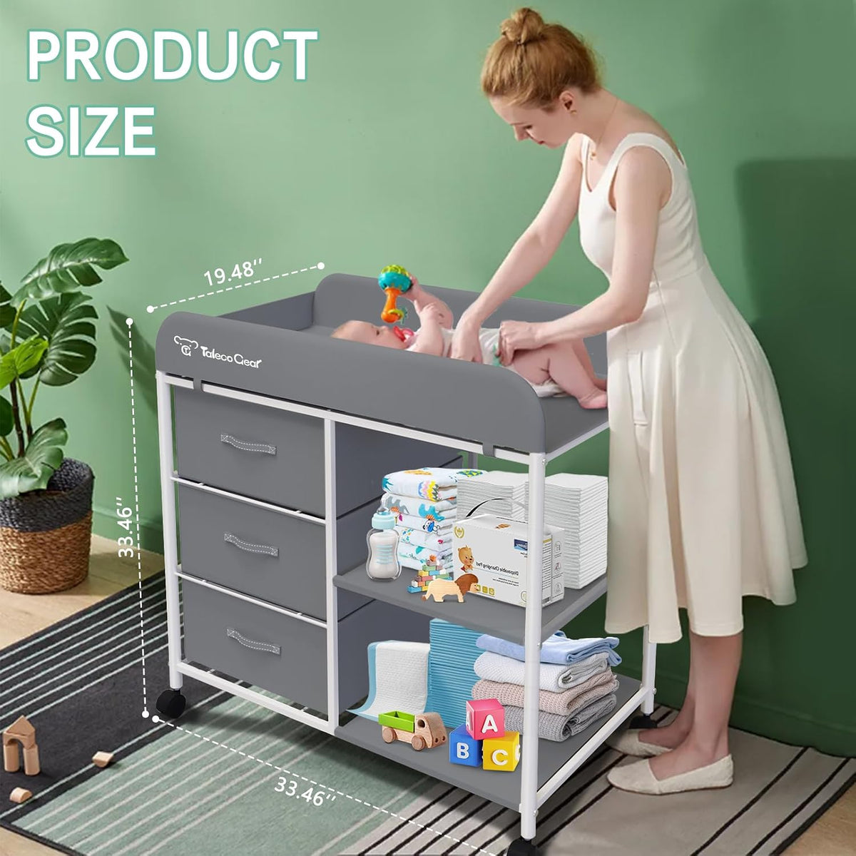 G Baby Changing Table, Portable Changing Table, Diaper Changing Station with Waterproof Pad, Changing Table Dresser with 3 Storage Baskets, Mobile Nursery Organizer for Newborn Essentials