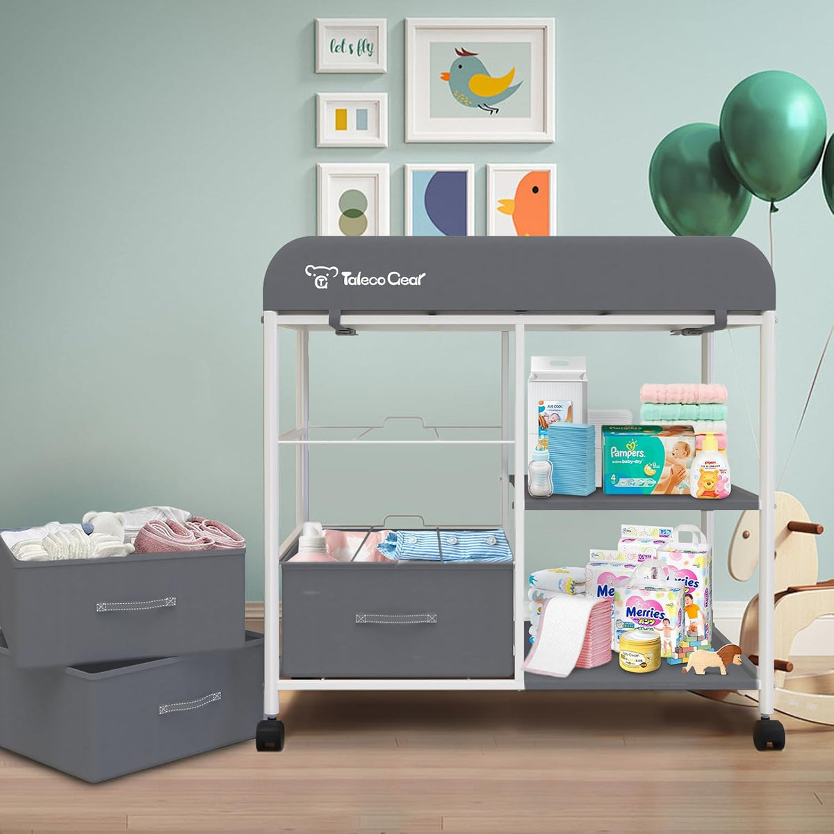 G Baby Changing Table, Portable Changing Table, Diaper Changing Station with Waterproof Pad, Changing Table Dresser with 3 Storage Baskets, Mobile Nursery Organizer for Newborn Essentials