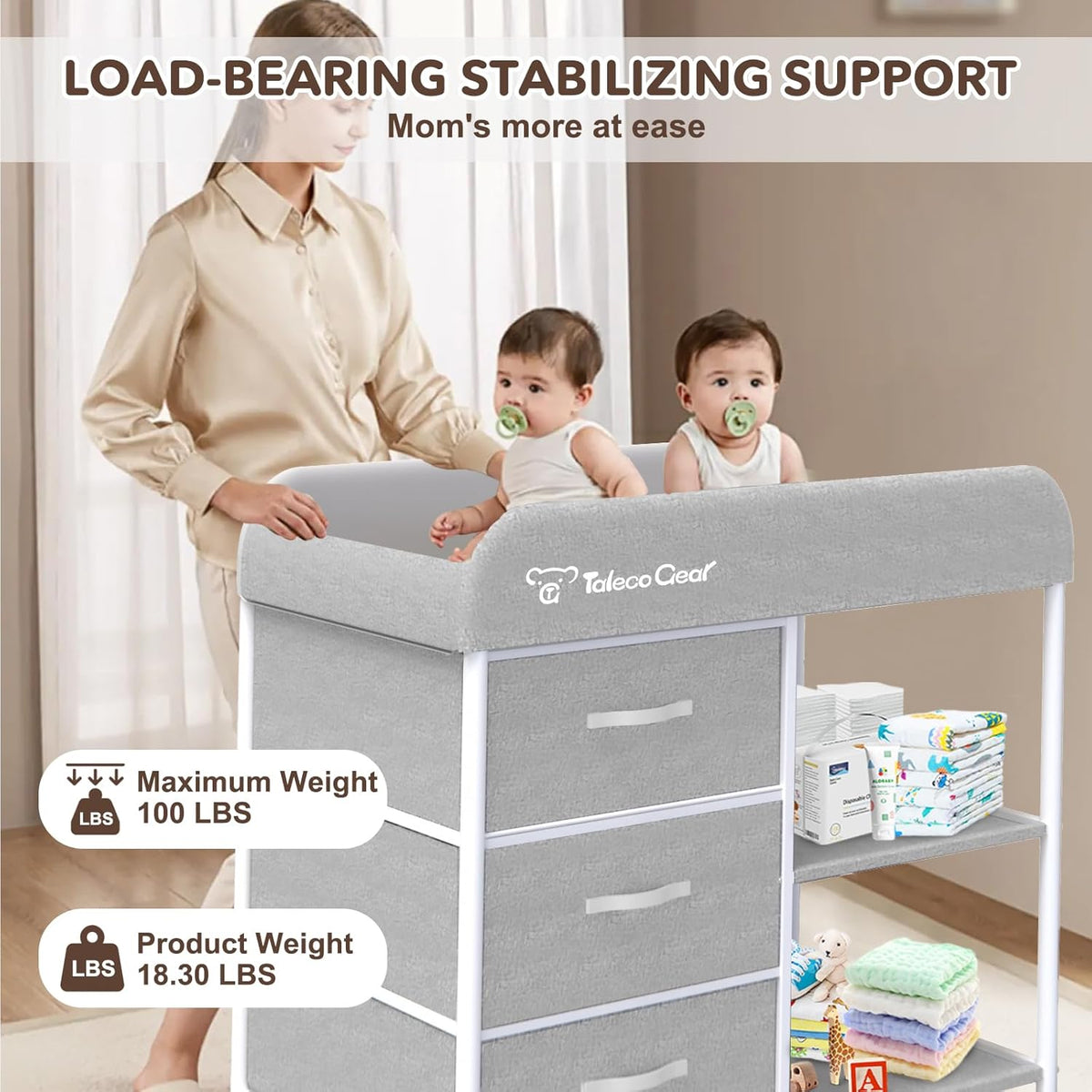 G Baby Changing Table, Portable Changing Table, Diaper Changing Station with Waterproof Pad, Changing Table Dresser with 3 Storage Baskets, Mobile Nursery Organizer for Newborn Essentials