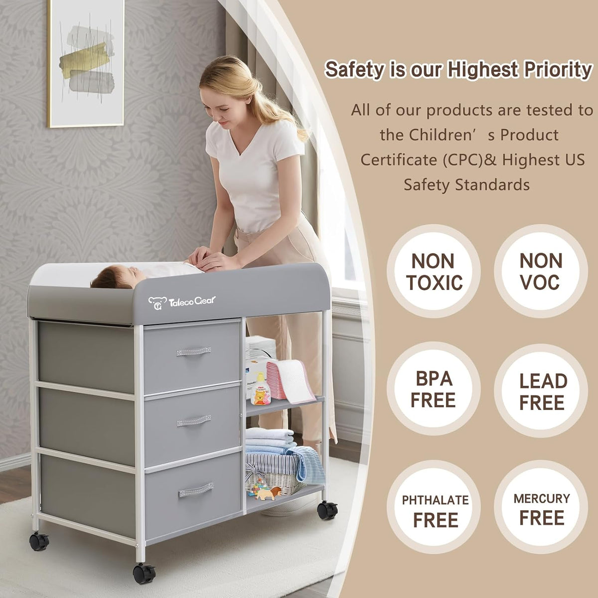 G Baby Changing Table, Portable Changing Table, Diaper Changing Station with Waterproof Pad, Changing Table Dresser with 3 Storage Baskets, Mobile Nursery Organizer for Newborn Essentials
