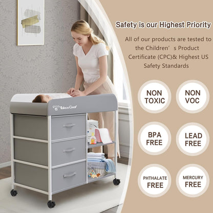 G Baby Changing Table, Portable Changing Table, Diaper Changing Station with Waterproof Pad, Changing Table Dresser with 3 Storage Baskets, Mobile Nursery Organizer for Newborn Essentials