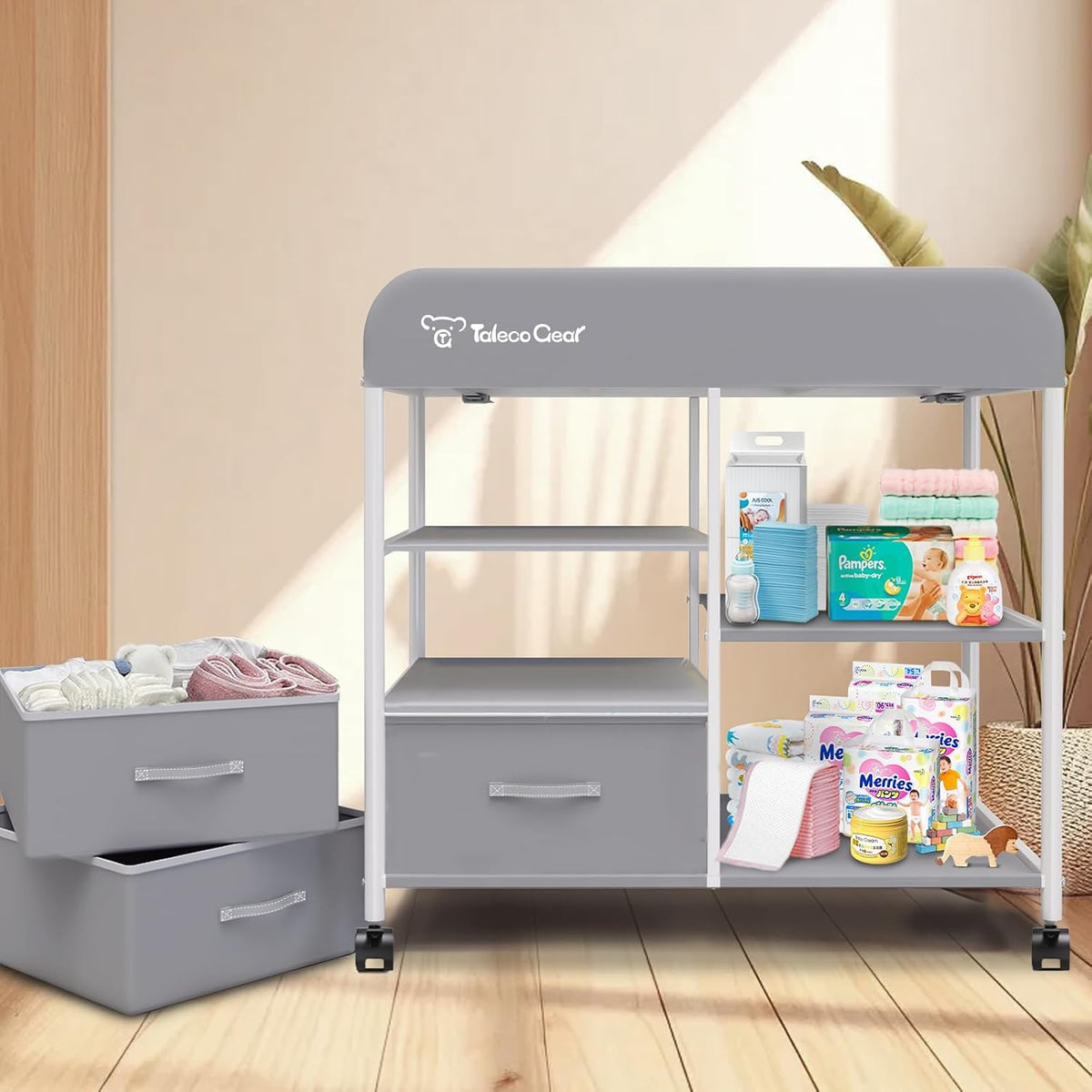 G Baby Changing Table, Portable Changing Table, Diaper Changing Station with Waterproof Pad, Changing Table Dresser with 3 Storage Baskets, Mobile Nursery Organizer for Newborn Essentials