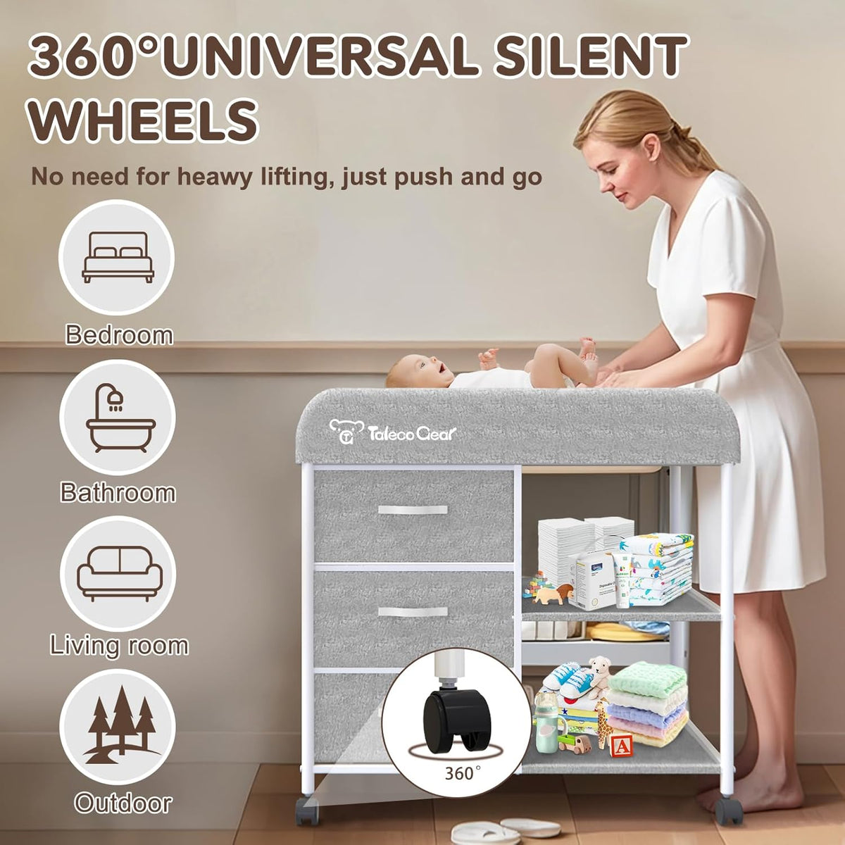G Baby Changing Table, Portable Changing Table, Diaper Changing Station with Waterproof Pad, Changing Table Dresser with 3 Storage Baskets, Mobile Nursery Organizer for Newborn Essentials