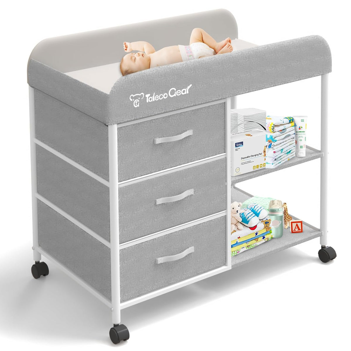 G Baby Changing Table, Portable Changing Table, Diaper Changing Station with Waterproof Pad, Changing Table Dresser with 3 Storage Baskets, Mobile Nursery Organizer for Newborn Essentials