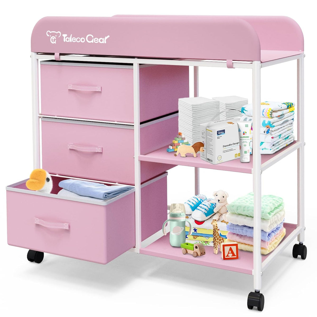 G Baby Changing Table, Portable Changing Table, Diaper Changing Station with Waterproof Pad, Changing Table Dresser with 3 Storage Baskets, Mobile Nursery Organizer for Newborn Essentials