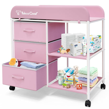 G Baby Changing Table, Portable Changing Table, Diaper Changing Station with Waterproof Pad, Changing Table Dresser with 3 Storage Baskets, Mobile Nursery Organizer for Newborn Essentials
