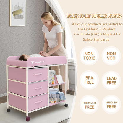 G Baby Changing Table, Portable Changing Table, Diaper Changing Station with Waterproof Pad, Changing Table Dresser with 3 Storage Baskets, Mobile Nursery Organizer for Newborn Essentials