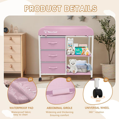 G Baby Changing Table, Portable Changing Table, Diaper Changing Station with Waterproof Pad, Changing Table Dresser with 3 Storage Baskets, Mobile Nursery Organizer for Newborn Essentials