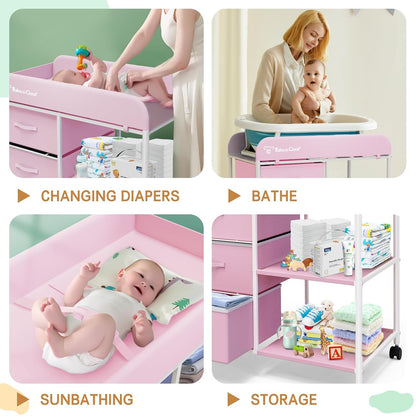 G Baby Changing Table, Portable Changing Table, Diaper Changing Station with Waterproof Pad, Changing Table Dresser with 3 Storage Baskets, Mobile Nursery Organizer for Newborn Essentials