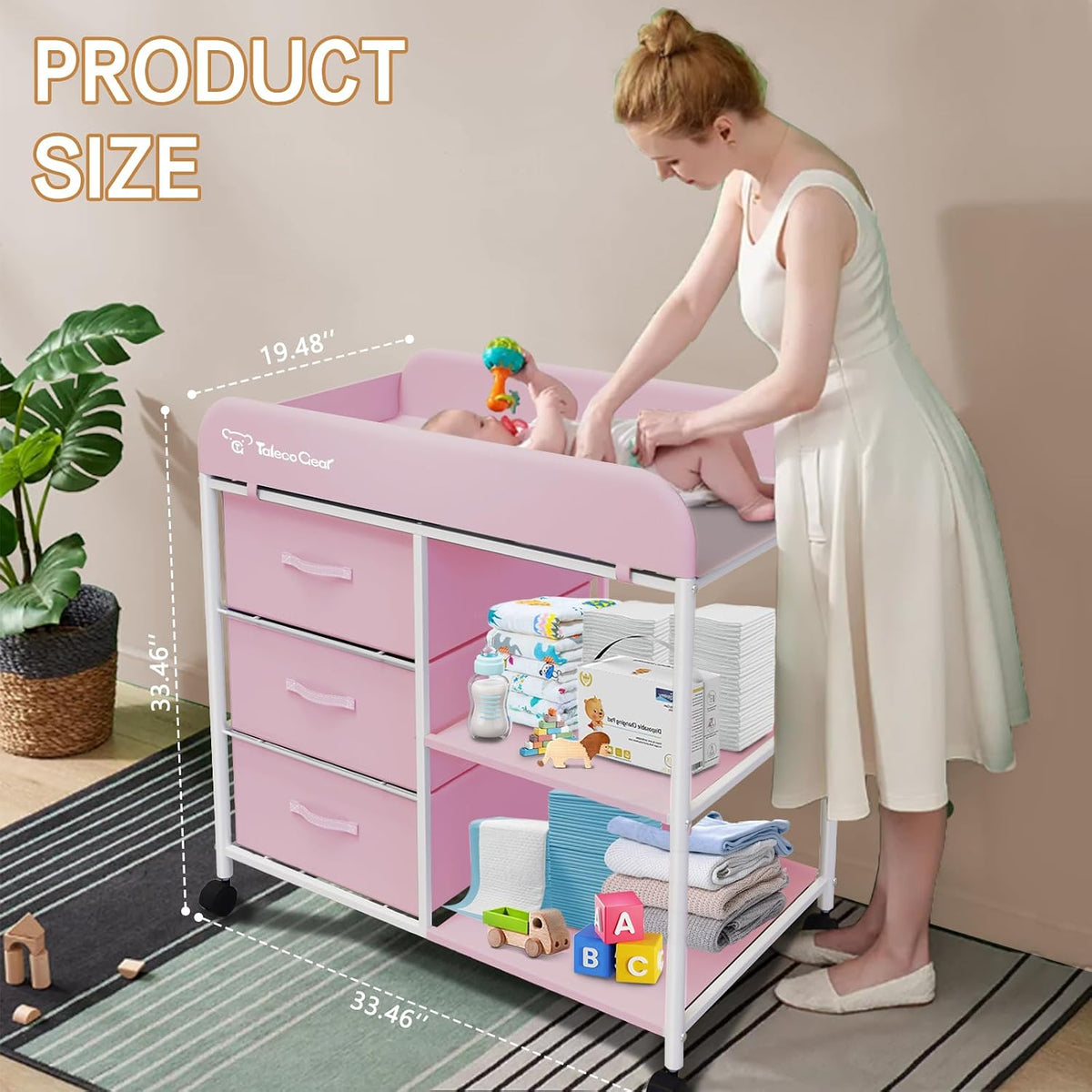 G Baby Changing Table, Portable Changing Table, Diaper Changing Station with Waterproof Pad, Changing Table Dresser with 3 Storage Baskets, Mobile Nursery Organizer for Newborn Essentials