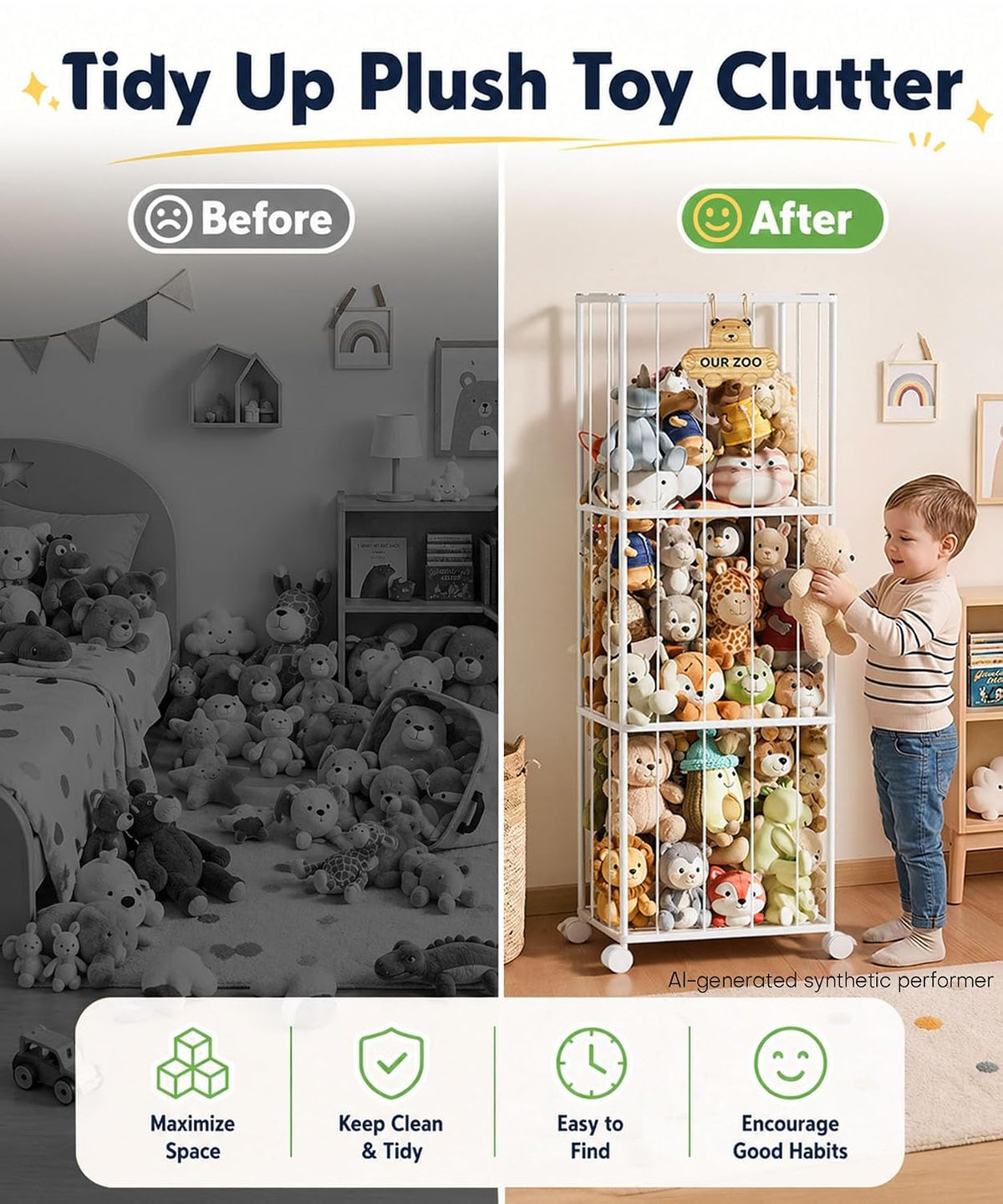 Kids Stuffed Animal Storage: Large Capacity in a 54" Tall Plush Tower