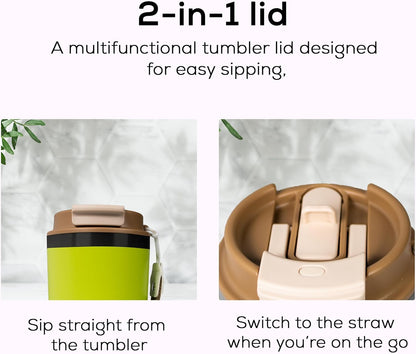 Insulated 16oz Stainless Steel Tumbler Mug Leakproof Double Walled Vacuum Thermal Coffee Cup with 2-in-1 Straw & Lid, Cupholder-Friendly Travel Mug for Hot & Cold Drinks (Pink)