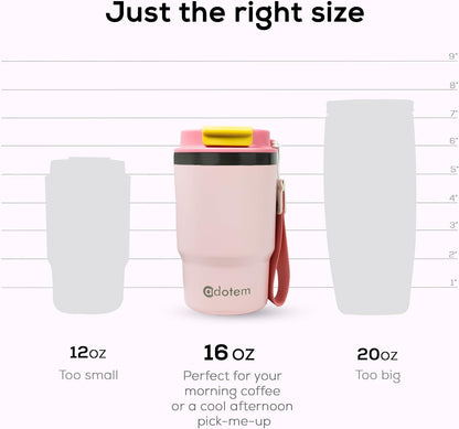 Insulated 16oz Stainless Steel Tumbler Mug Leakproof Double Walled Vacuum Thermal Coffee Cup with 2-in-1 Straw & Lid, Cupholder-Friendly Travel Mug for Hot & Cold Drinks (Pink)