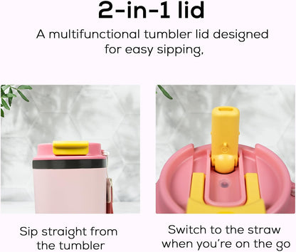 Insulated 16oz Stainless Steel Tumbler Mug Leakproof Double Walled Vacuum Thermal Coffee Cup with 2-in-1 Straw & Lid, Cupholder-Friendly Travel Mug for Hot & Cold Drinks (Pink)