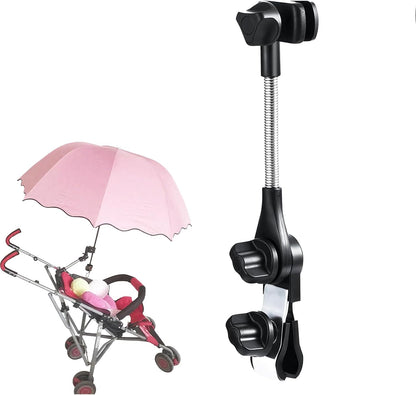 Umbrella Holder for Stroller, 360° Adjustable Scratch-Free Clip-On Stroller Umbrella Attachment, Dual Knob Locking Mount for Round/Square Tubes, Universal for Camping Chair, Beach Chair