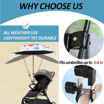 Umbrella Holder for Stroller, 360° Adjustable Scratch-Free Clip-On Stroller Umbrella Attachment, Dual Knob Locking Mount for Round/Square Tubes, Universal for Camping Chair, Beach Chair