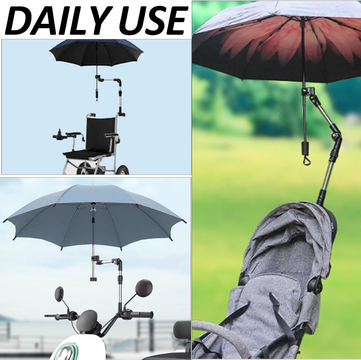 Umbrella Holder for Stroller, 360° Adjustable Scratch-Free Clip-On Stroller Umbrella Attachment, Dual Knob Locking Mount for Round/Square Tubes, Universal for Camping Chair, Beach Chair