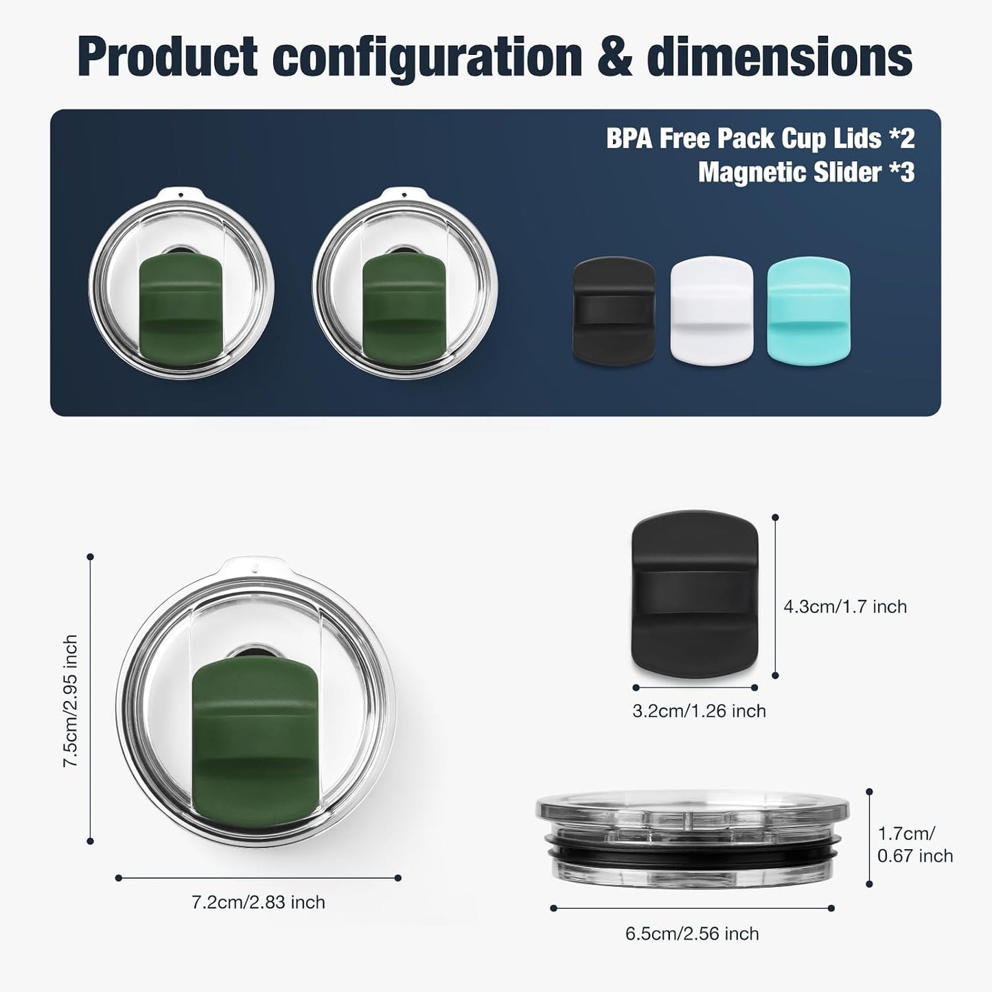 10 oz 295 ml Tumbler Lids,Magnetic Tumbler Lid Replacement for Travel Coffee Mug,BPA Free 2 Pack Black Tumbler Lids & 3 Pack Magnetic Slider