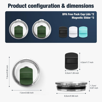 10 oz 295 ml Tumbler Lids,Magnetic Tumbler Lid Replacement for Travel Coffee Mug,BPA Free 2 Pack Black Tumbler Lids & 3 Pack Magnetic Slider