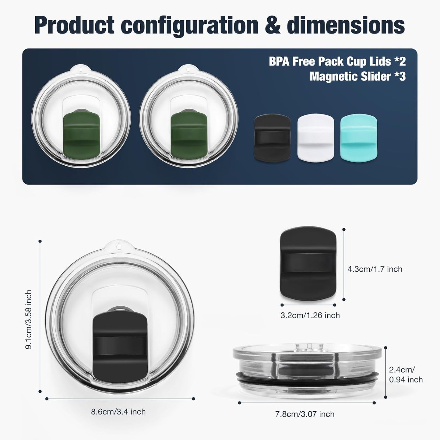 10 oz 295 ml Tumbler Lids,Magnetic Tumbler Lid Replacement for Travel Coffee Mug,BPA Free 2 Pack Black Tumbler Lids & 3 Pack Magnetic Slider
