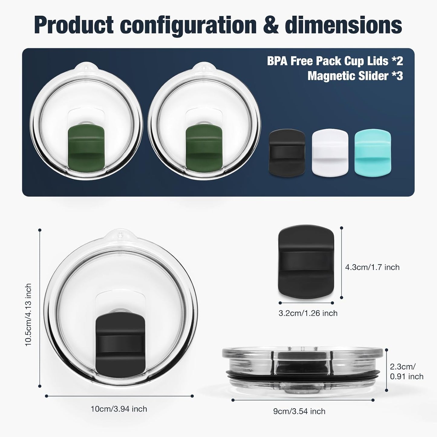 10 oz 295 ml Tumbler Lids,Magnetic Tumbler Lid Replacement for Travel Coffee Mug,BPA Free 2 Pack Black Tumbler Lids & 3 Pack Magnetic Slider