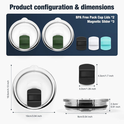 10 oz 295 ml Tumbler Lids,Magnetic Tumbler Lid Replacement for Travel Coffee Mug,BPA Free 2 Pack Black Tumbler Lids & 3 Pack Magnetic Slider