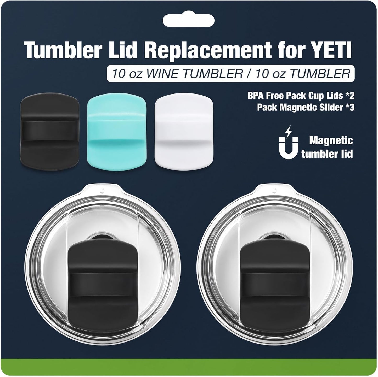 10 oz 295 ml Tumbler Lids,Magnetic Tumbler Lid Replacement for Travel Coffee Mug,BPA Free 2 Pack Black Tumbler Lids & 3 Pack Magnetic Slider