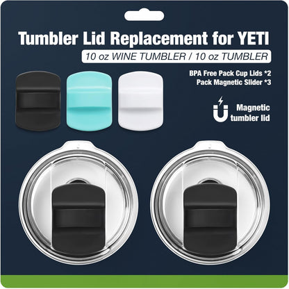 10 oz 295 ml Tumbler Lids,Magnetic Tumbler Lid Replacement for Travel Coffee Mug,BPA Free 2 Pack Black Tumbler Lids & 3 Pack Magnetic Slider