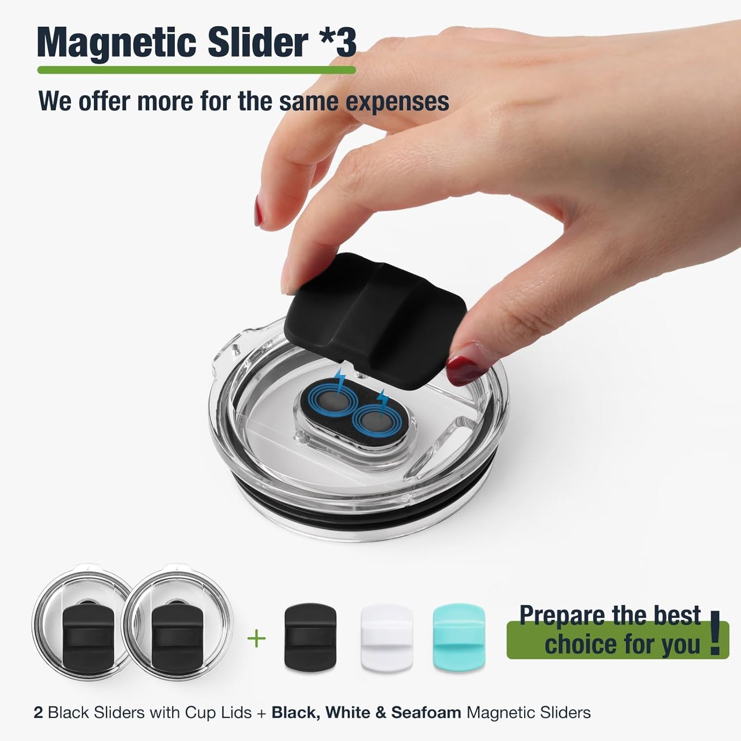 10 oz 295 ml Tumbler Lids,Magnetic Tumbler Lid Replacement for Travel Coffee Mug,BPA Free 2 Pack Black Tumbler Lids & 3 Pack Magnetic Slider