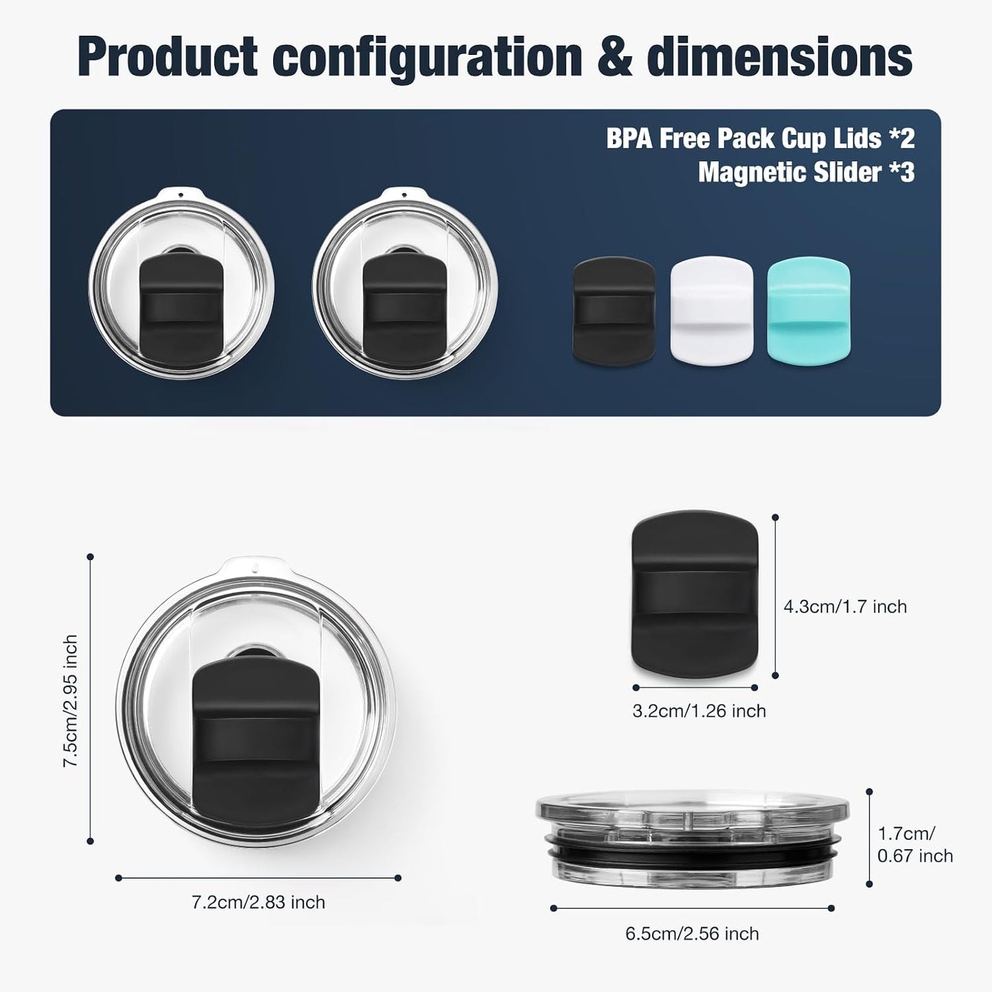 10 oz 295 ml Tumbler Lids,Magnetic Tumbler Lid Replacement for Travel Coffee Mug,BPA Free 2 Pack Black Tumbler Lids & 3 Pack Magnetic Slider