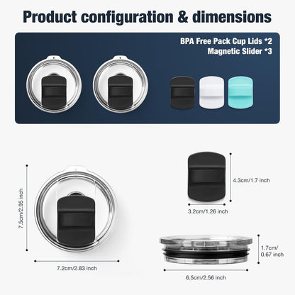 10 oz 295 ml Tumbler Lids,Magnetic Tumbler Lid Replacement for Travel Coffee Mug,BPA Free 2 Pack Black Tumbler Lids & 3 Pack Magnetic Slider