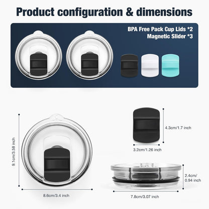 10 oz 295 ml Tumbler Lids,Magnetic Tumbler Lid Replacement for Travel Coffee Mug,BPA Free 2 Pack Black Tumbler Lids & 3 Pack Magnetic Slider