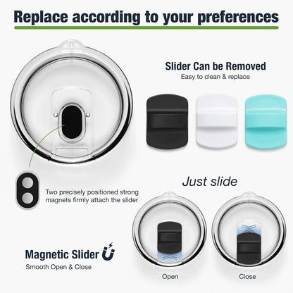 10 oz 295 ml Tumbler Lids,Magnetic Tumbler Lid Replacement for Travel Coffee Mug,BPA Free 2 Pack Black Tumbler Lids & 3 Pack Magnetic Slider