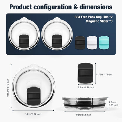 10 oz 295 ml Tumbler Lids,Magnetic Tumbler Lid Replacement for Travel Coffee Mug,BPA Free 2 Pack Black Tumbler Lids & 3 Pack Magnetic Slider