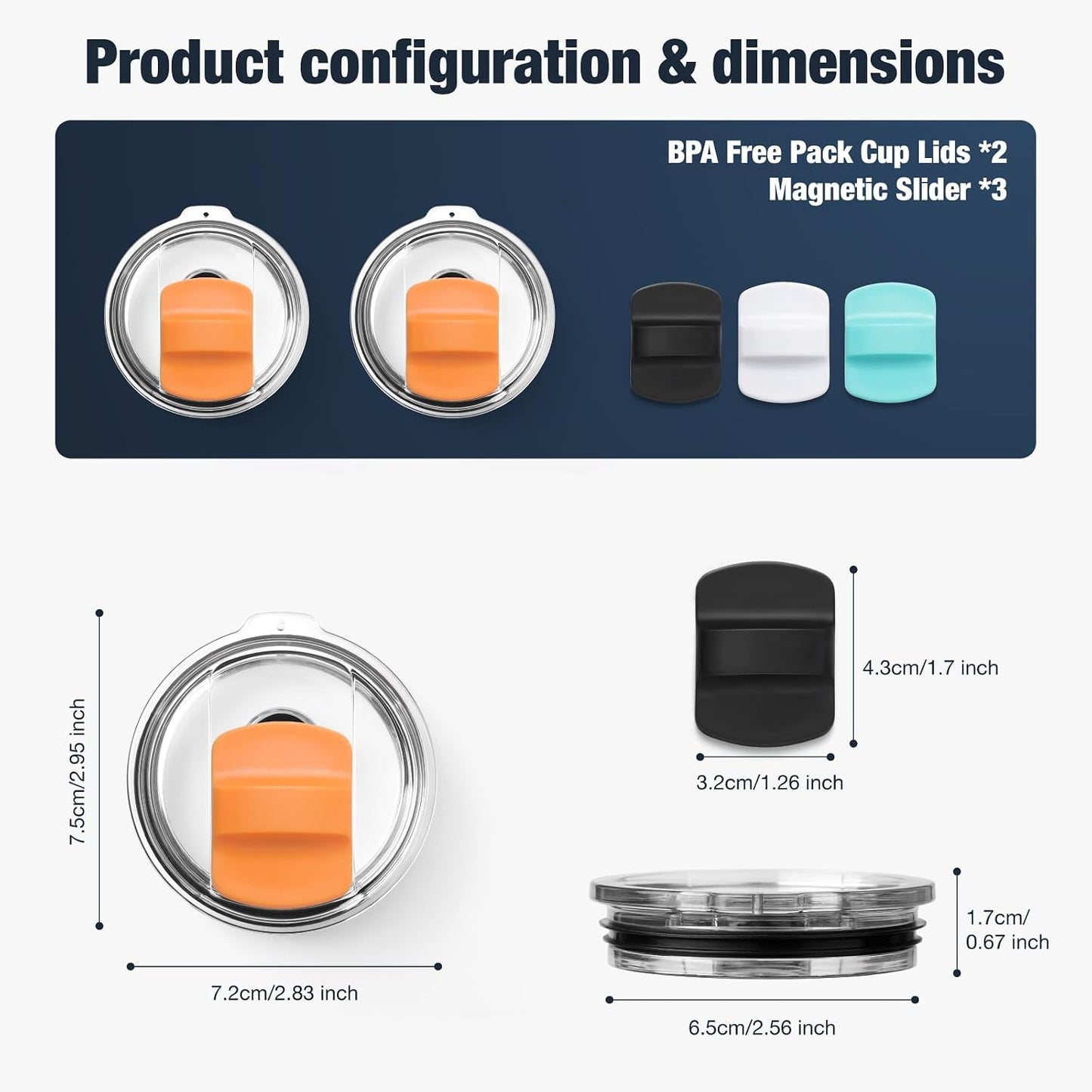 10 oz 295 ml Tumbler Lids,Magnetic Tumbler Lid Replacement for Travel Coffee Mug,BPA Free 2 Pack Black Tumbler Lids & 3 Pack Magnetic Slider