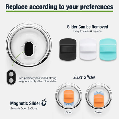 10 oz 295 ml Tumbler Lids,Magnetic Tumbler Lid Replacement for Travel Coffee Mug,BPA Free 2 Pack Black Tumbler Lids & 3 Pack Magnetic Slider