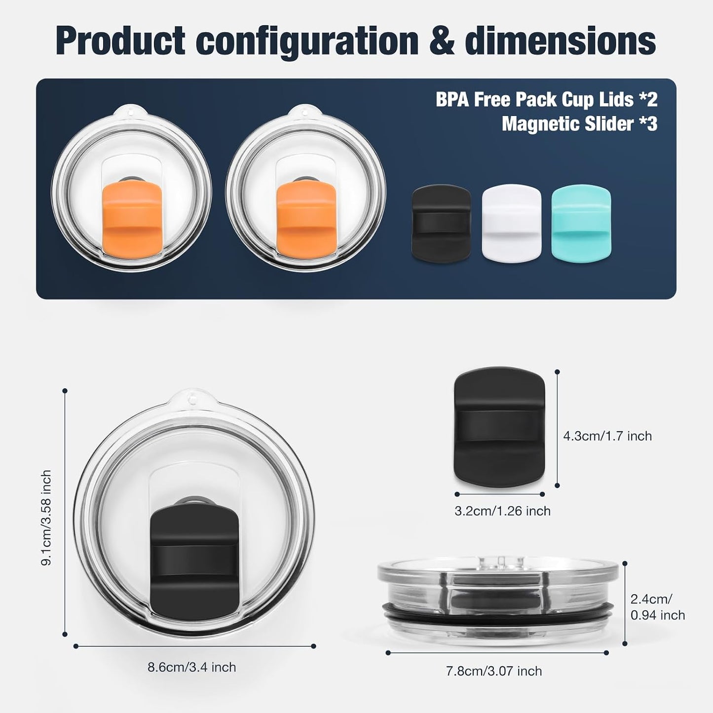 10 oz 295 ml Tumbler Lids,Magnetic Tumbler Lid Replacement for Travel Coffee Mug,BPA Free 2 Pack Black Tumbler Lids & 3 Pack Magnetic Slider