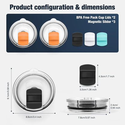 10 oz 295 ml Tumbler Lids,Magnetic Tumbler Lid Replacement for Travel Coffee Mug,BPA Free 2 Pack Black Tumbler Lids & 3 Pack Magnetic Slider