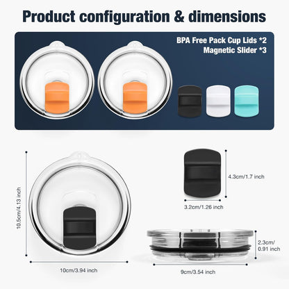 10 oz 295 ml Tumbler Lids,Magnetic Tumbler Lid Replacement for Travel Coffee Mug,BPA Free 2 Pack Black Tumbler Lids & 3 Pack Magnetic Slider