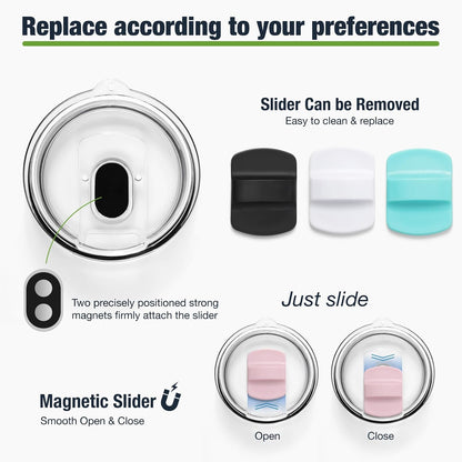 10 oz 295 ml Tumbler Lids,Magnetic Tumbler Lid Replacement for Travel Coffee Mug,BPA Free 2 Pack Black Tumbler Lids & 3 Pack Magnetic Slider