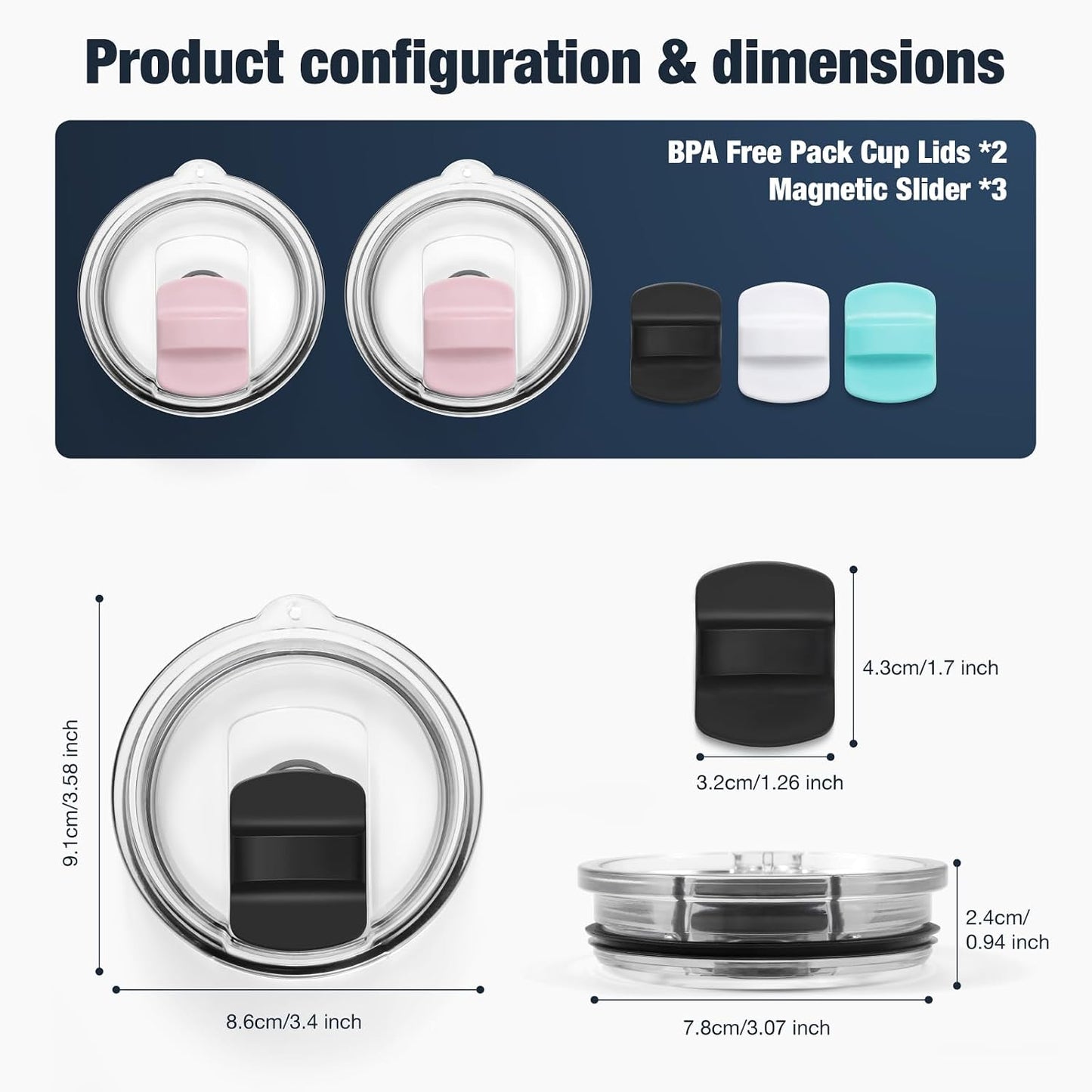 10 oz 295 ml Tumbler Lids,Magnetic Tumbler Lid Replacement for Travel Coffee Mug,BPA Free 2 Pack Black Tumbler Lids & 3 Pack Magnetic Slider