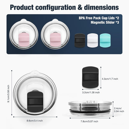 10 oz 295 ml Tumbler Lids,Magnetic Tumbler Lid Replacement for Travel Coffee Mug,BPA Free 2 Pack Black Tumbler Lids & 3 Pack Magnetic Slider