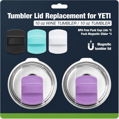 10 oz 295 ml Tumbler Lids,Magnetic Tumbler Lid Replacement for Travel Coffee Mug,BPA Free 2 Pack Black Tumbler Lids & 3 Pack Magnetic Slider