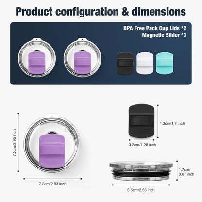 10 oz 295 ml Tumbler Lids,Magnetic Tumbler Lid Replacement for Travel Coffee Mug,BPA Free 2 Pack Black Tumbler Lids & 3 Pack Magnetic Slider