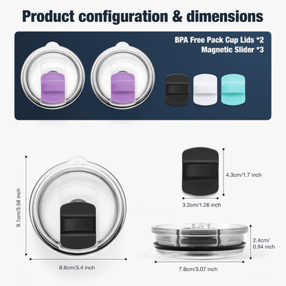 10 oz 295 ml Tumbler Lids,Magnetic Tumbler Lid Replacement for Travel Coffee Mug,BPA Free 2 Pack Black Tumbler Lids & 3 Pack Magnetic Slider