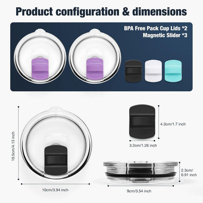 10 oz 295 ml Tumbler Lids,Magnetic Tumbler Lid Replacement for Travel Coffee Mug,BPA Free 2 Pack Black Tumbler Lids & 3 Pack Magnetic Slider