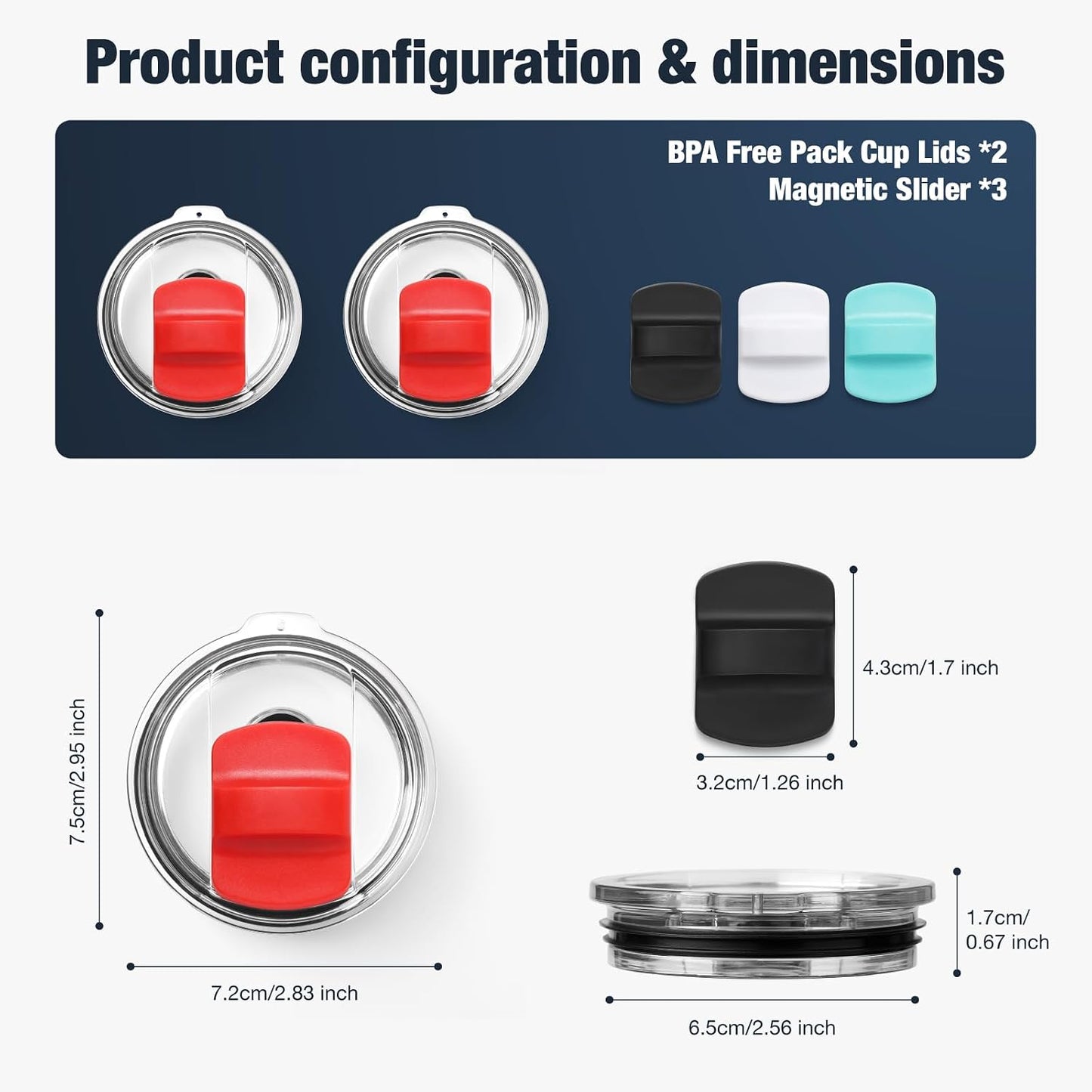10 oz 295 ml Tumbler Lids,Magnetic Tumbler Lid Replacement for Travel Coffee Mug,BPA Free 2 Pack Black Tumbler Lids & 3 Pack Magnetic Slider