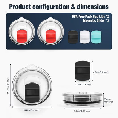 10 oz 295 ml Tumbler Lids,Magnetic Tumbler Lid Replacement for Travel Coffee Mug,BPA Free 2 Pack Black Tumbler Lids & 3 Pack Magnetic Slider