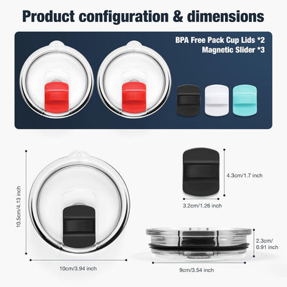 10 oz 295 ml Tumbler Lids,Magnetic Tumbler Lid Replacement for Travel Coffee Mug,BPA Free 2 Pack Black Tumbler Lids & 3 Pack Magnetic Slider