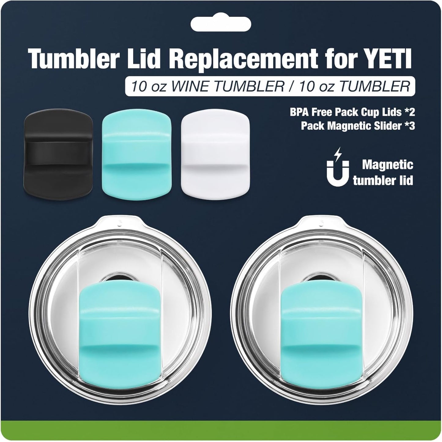 10 oz 295 ml Tumbler Lids,Magnetic Tumbler Lid Replacement for Travel Coffee Mug,BPA Free 2 Pack Black Tumbler Lids & 3 Pack Magnetic Slider